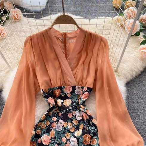 Floral V-Neck Patchwork Empire Dress